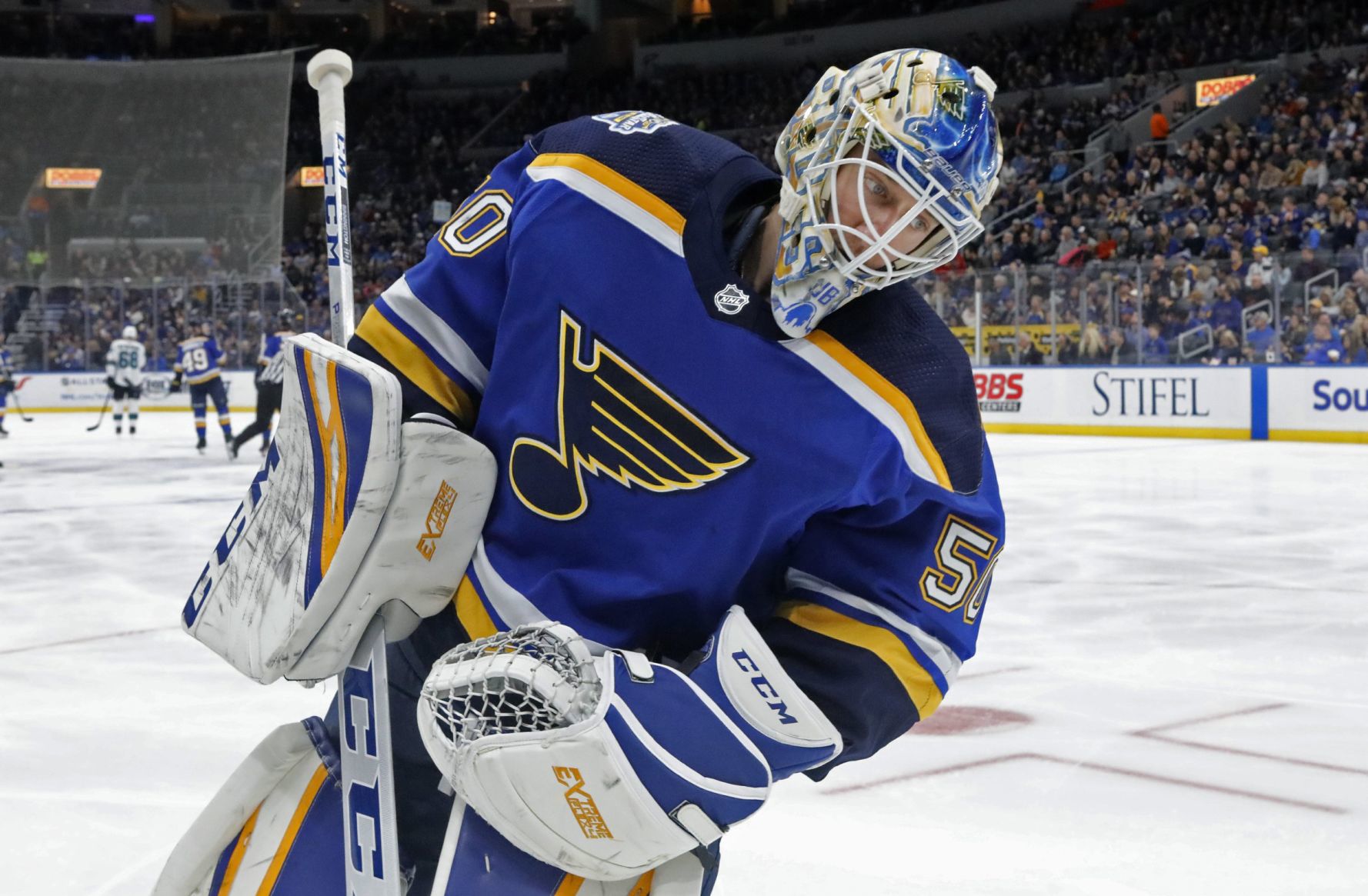 Blues and Sharks skate at the Enterprise Center